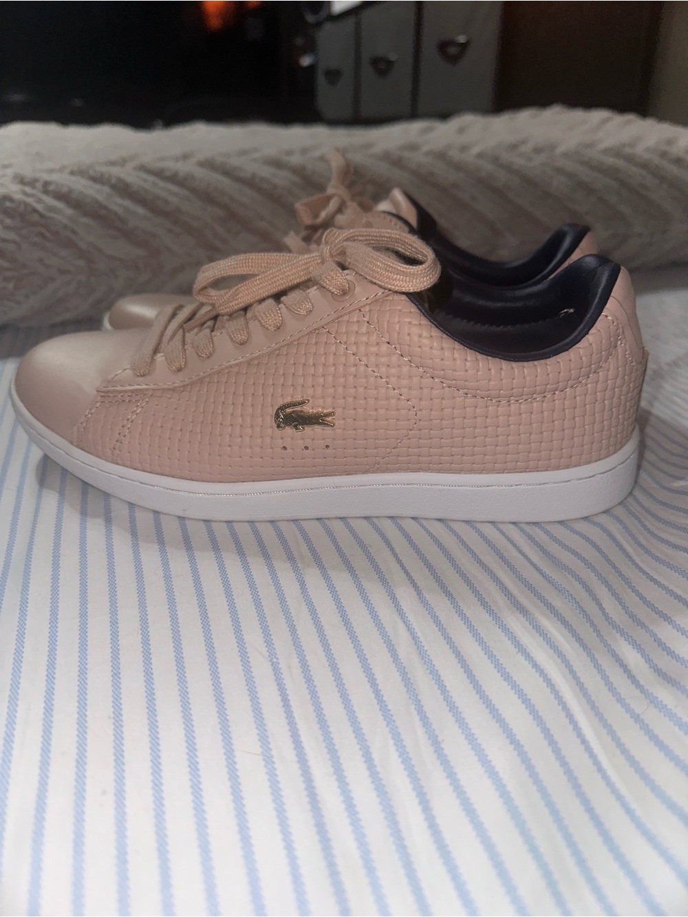Lacoste Women's Blush Textured Leather Sneaker with Navy Collar